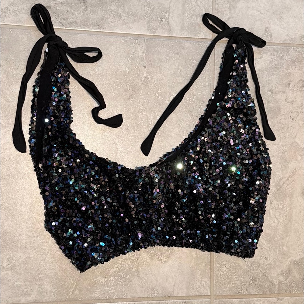 Free People | Intimately Black Sequin Tie-Strap Bralette | XS-S | Like New